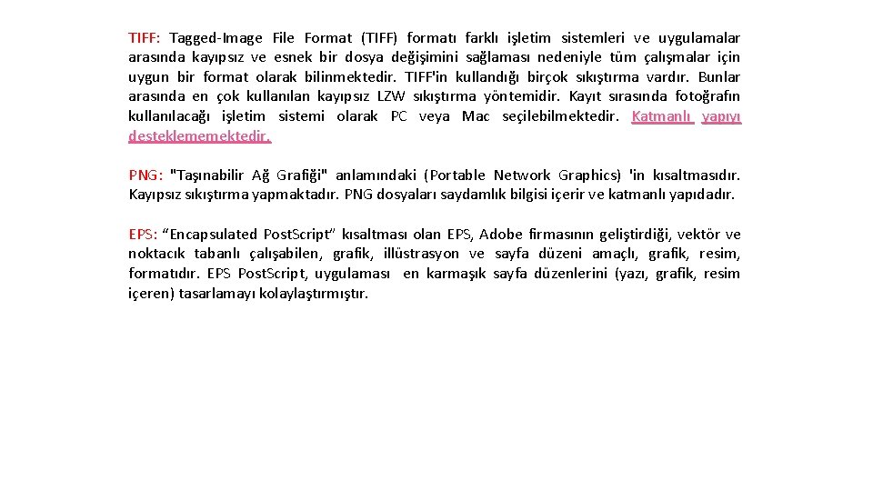 TIFF: Tagged Image File Format (TIFF) formatı farklı işletim sistemleri ve uygulamalar arasında kayıpsız