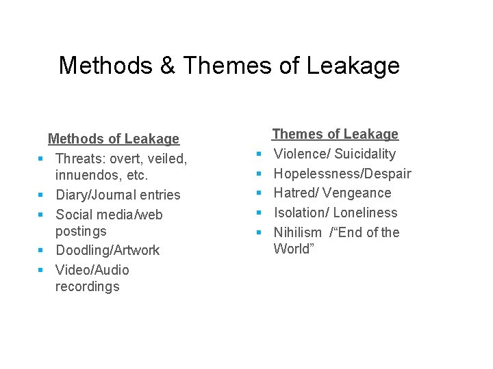 Methods & Themes of Leakage § § § Methods of Leakage Threats: overt, veiled,