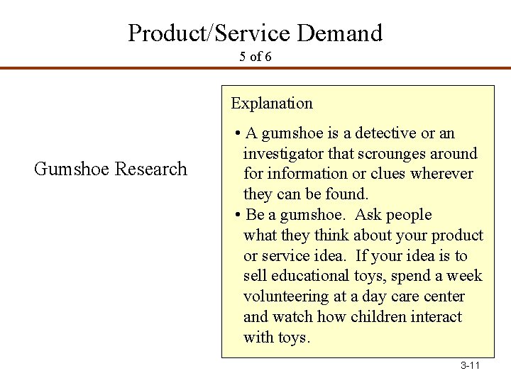 Product/Service Demand 5 of 6 Explanation Gumshoe Research • A gumshoe is a detective