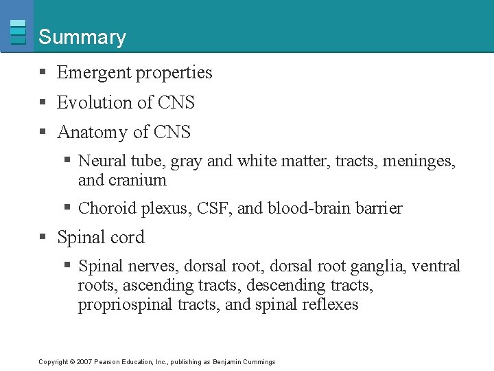 Summary § Emergent properties § Evolution of CNS § Anatomy of CNS § Neural