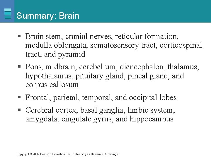 Summary: Brain § Brain stem, cranial nerves, reticular formation, medulla oblongata, somatosensory tract, corticospinal