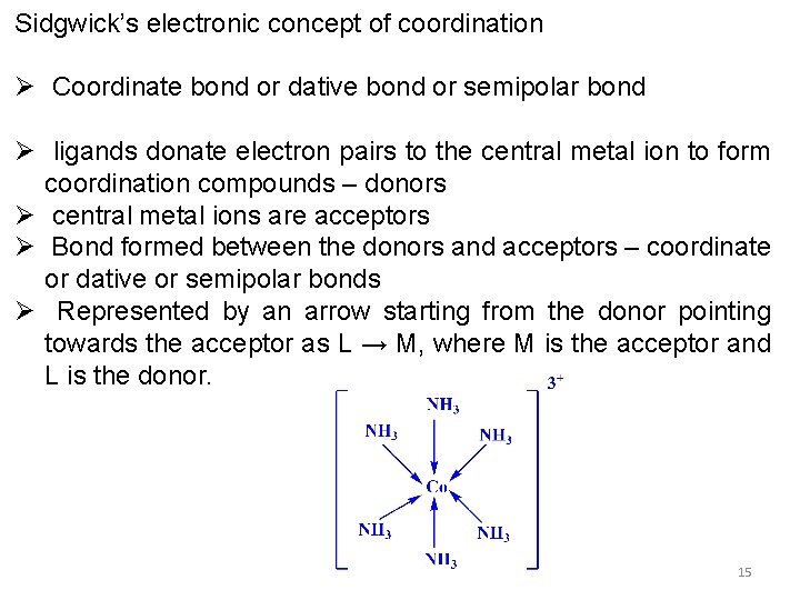 Sidgwick’s electronic concept of coordination Ø Coordinate bond or dative bond or semipolar bond