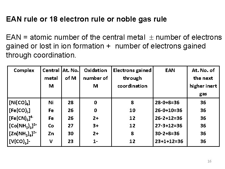 EAN rule or 18 electron rule or noble gas rule EAN = atomic number
