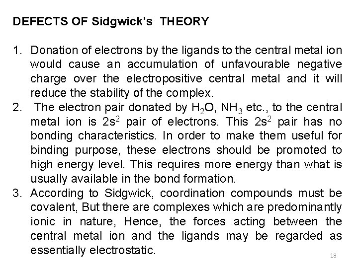 DEFECTS OF Sidgwick’s THEORY 1. Donation of electrons by the ligands to the central