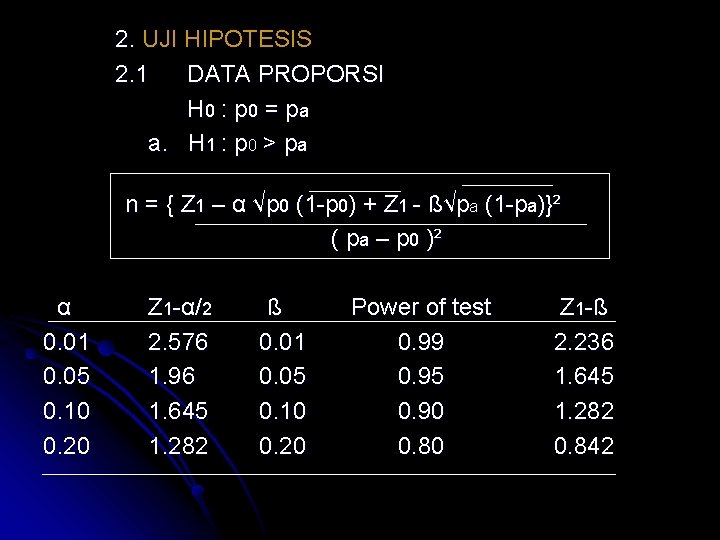 2. UJI HIPOTESIS 2. 1 DATA PROPORSI H 0 : p 0 = p