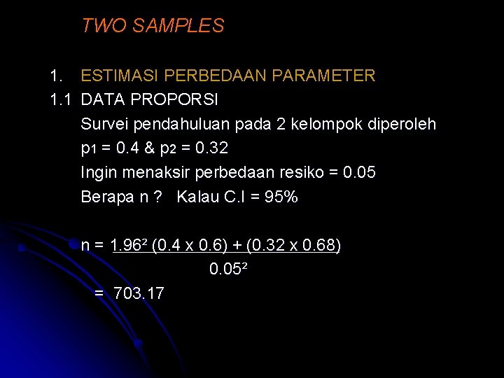 TWO SAMPLES 1. ESTIMASI PERBEDAAN PARAMETER 1. 1 DATA PROPORSI Survei pendahuluan pada 2