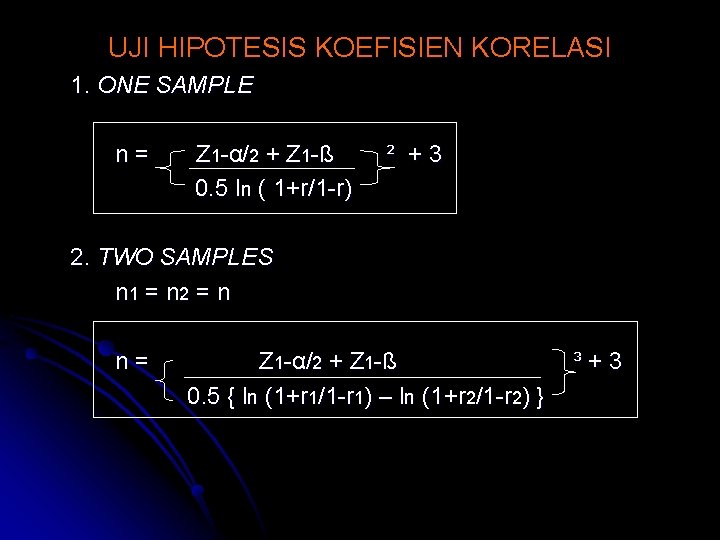 UJI HIPOTESIS KOEFISIEN KORELASI 1. ONE SAMPLE n= Z 1 -α/2 + Z 1