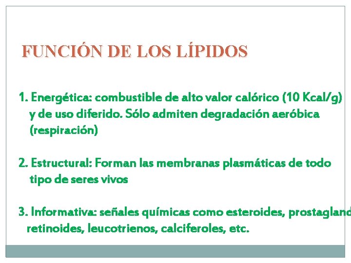 FUNCIÓN DE LOS LÍPIDOS 1. Energética: combustible de alto valor calórico (10 Kcal/g) y