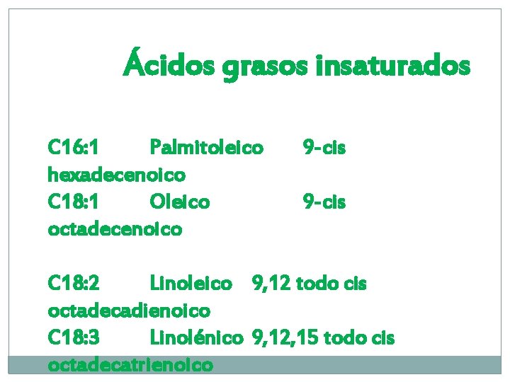 Ácidos grasos insaturados C 16: 1 Palmitoleico hexadecenoico C 18: 1 Oleico octadecenoico 9