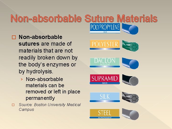 Non-absorbable Suture Materials � Non-absorbable sutures are made of materials that are not readily