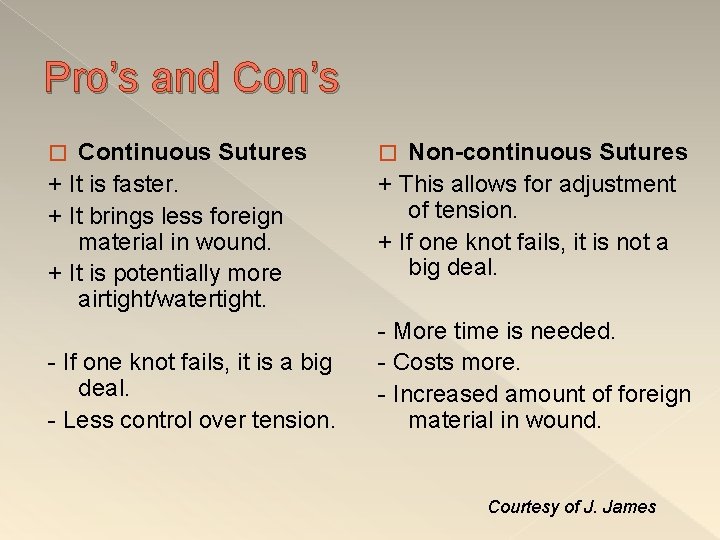 Pro’s and Con’s Continuous Sutures + It is faster. + It brings less foreign