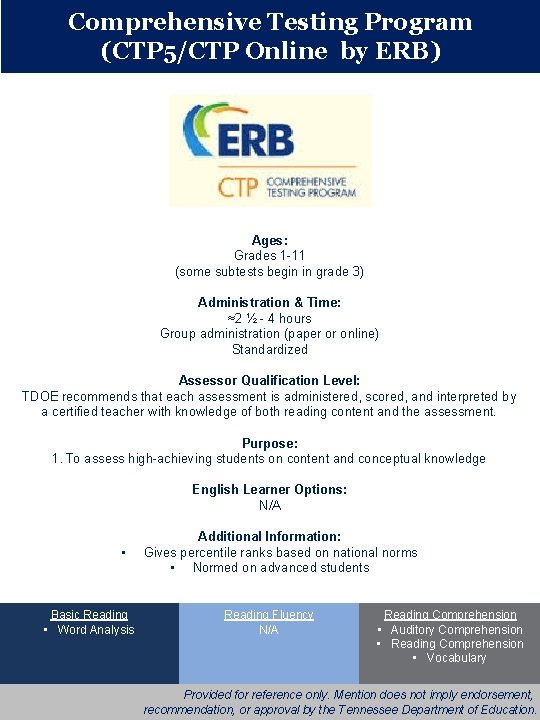 Comprehensive Testing Program (CTP 5/CTP Online by ERB) Ages: Grades 1 -11 (some subtests