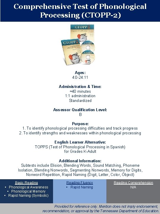 Comprehensive Test of Phonological Processing (CTOPP-2) Ages: 4: 0 -24: 11 Administration & Time: