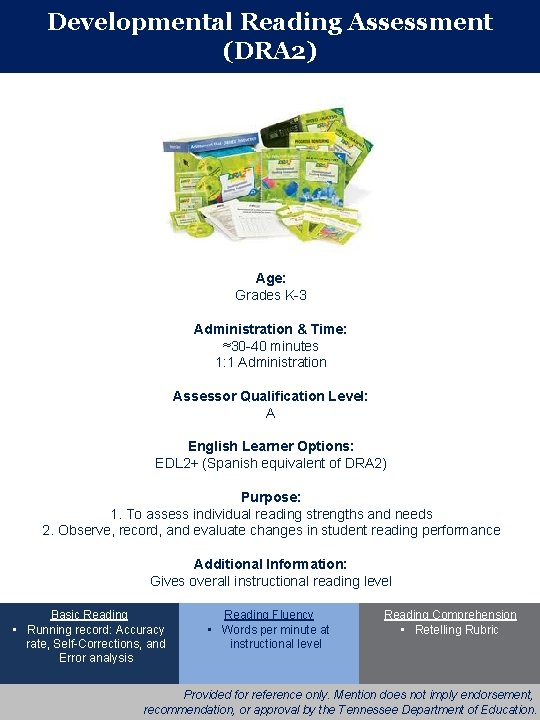 Developmental Reading Assessment (DRA 2) Age: Grades K-3 Administration & Time: ≈30 -40 minutes