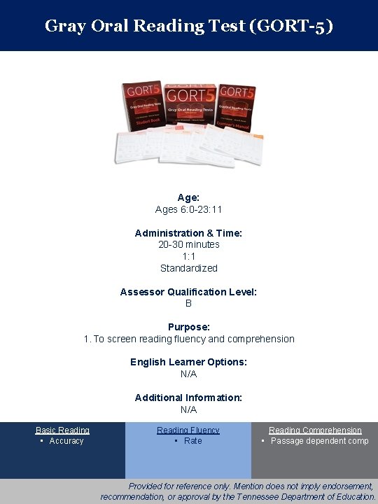 Gray Oral Reading Test (GORT-5) Age: Ages 6: 0 -23: 11 Administration & Time: