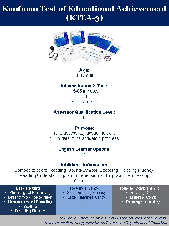 Kaufman Test of Educational Achievement (KTEA-3) Age: 4: 0 -Adult Administration & Time: 15