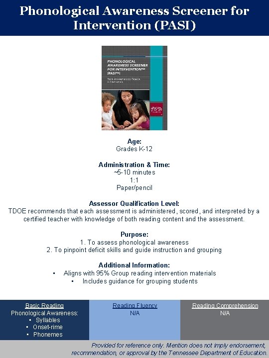 Phonological Awareness Screener for Intervention (PASI) Age: Grades K-12 Administration & Time: ~5 -10