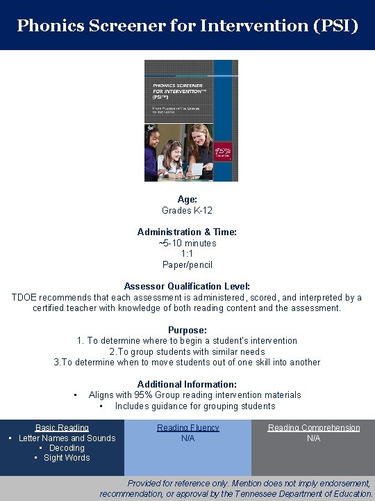 Phonics Screener for Intervention (PSI) Age: Grades K-12 Administration & Time: ~5 -10 minutes