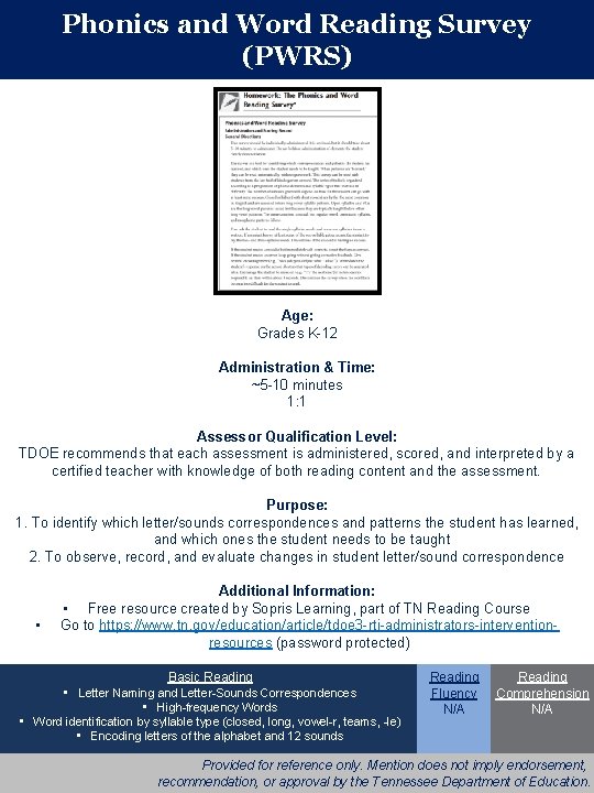 Phonics and Word Reading Survey (PWRS) Age: Grades K-12 Administration & Time: ~5 -10