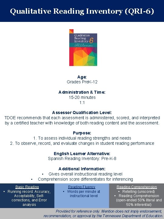 Qualitative Reading Inventory (QRI-6) Age: Grades Pre. K-12 Administration & Time: 15 -20 minutes
