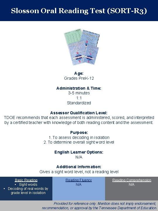 Slosson Oral Reading Test (SORT-R 3) Age: Grades Pre. K-12 Administration & Time: 3