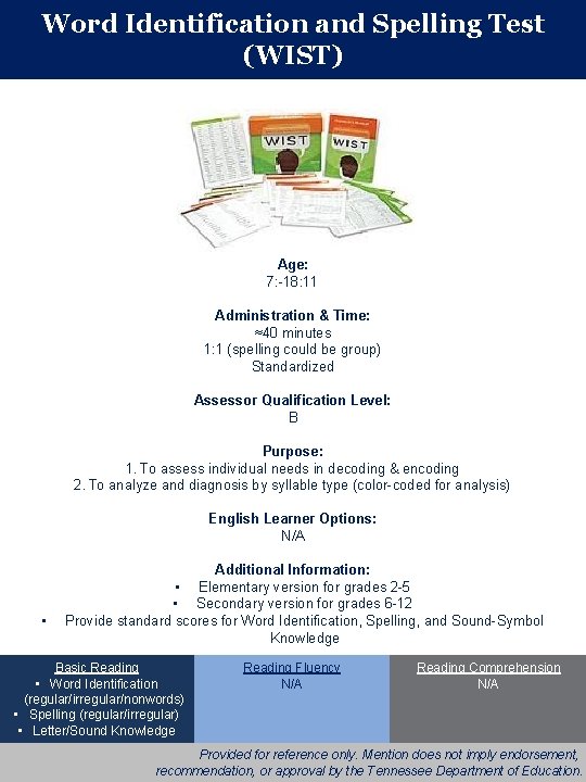 Word Identification and Spelling Test (WIST) Age: 7: -18: 11 Administration & Time: ≈40