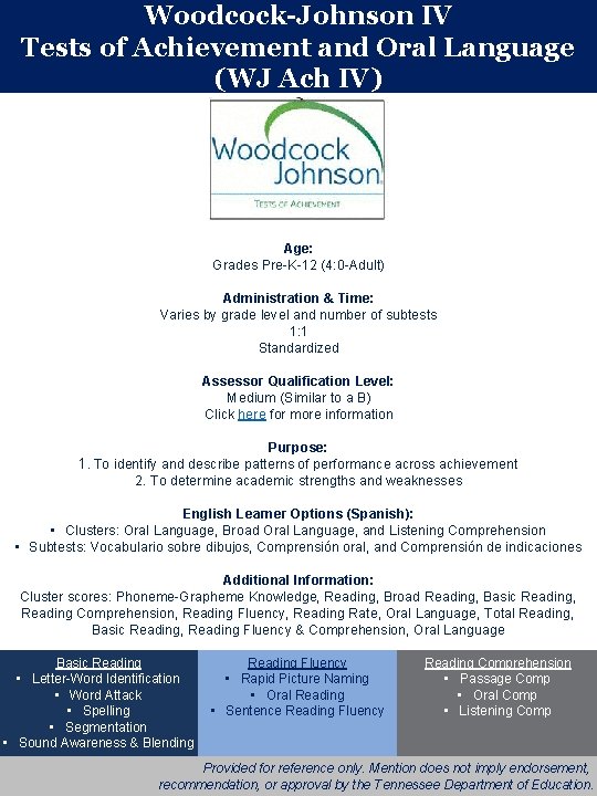 Woodcock-Johnson IV Tests of Achievement and Oral Language (WJ Ach IV) Age: Grades Pre-K-12