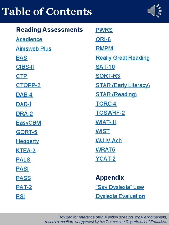 Table of Contents Reading Assessments PWRS Acadience QRI-6 Aimsweb Plus RMPM BAS Really Great