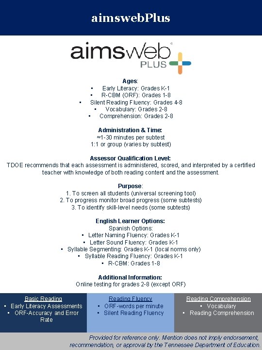 aimsweb. Plus • Ages: • Early Literacy: Grades K-1 • R-CBM (ORF): Grades 1