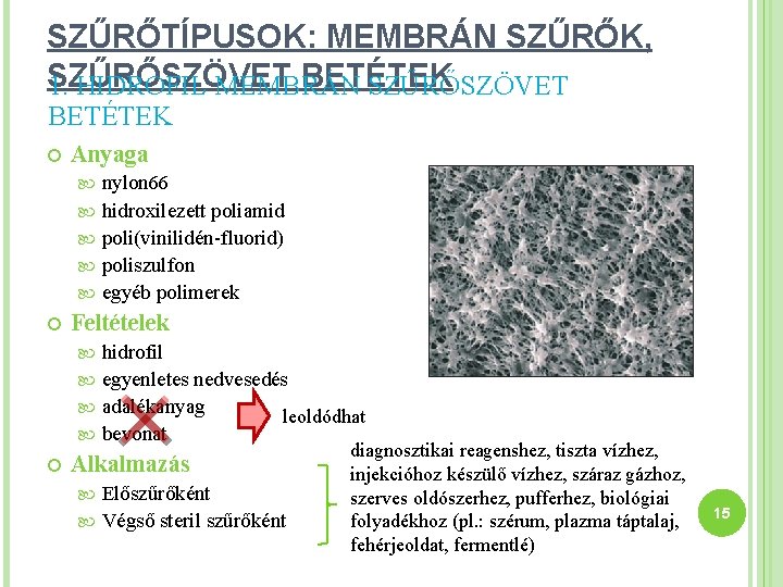 SZŰRŐTÍPUSOK: MEMBRÁN SZŰRŐK, SZŰRŐSZÖVET BETÉTEK 1. HIDROFIL MEMBRÁN SZŰRŐSZÖVET BETÉTEK Anyaga nylon 66 hidroxilezett