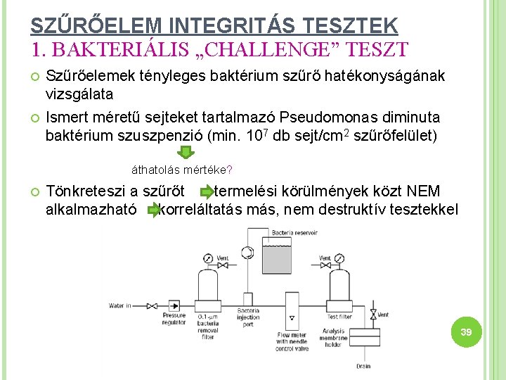 SZŰRŐELEM INTEGRITÁS TESZTEK 1. BAKTERIÁLIS „CHALLENGE” TESZT Szűrőelemek tényleges baktérium szűrő hatékonyságának vizsgálata Ismert
