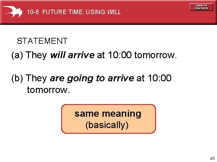 10 -6 FUTURE TIME: USING WILL STATEMENT (a) They will arrive at 10: 00