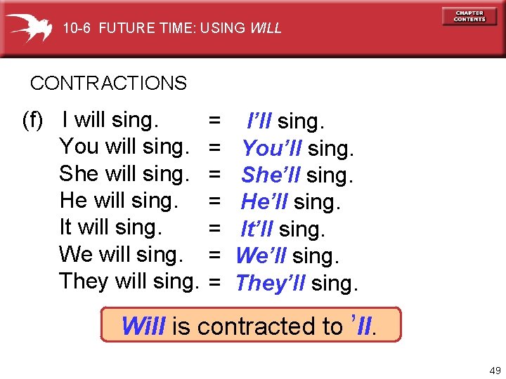 10 -6 FUTURE TIME: USING WILL CONTRACTIONS (f) I will sing. You will sing.