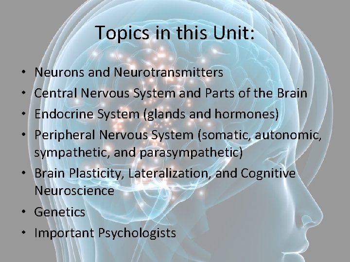 Topics in this Unit: Neurons and Neurotransmitters Central Nervous System and Parts of the