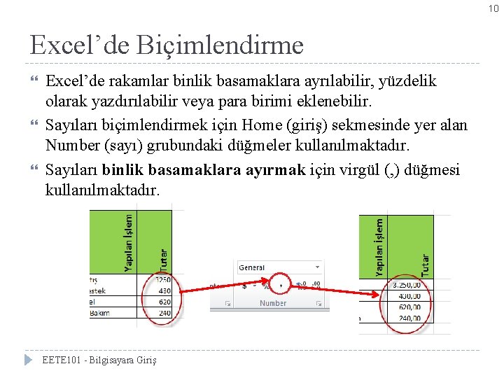 10 Excel’de Biçimlendirme Excel’de rakamlar binlik basamaklara ayrılabilir, yüzdelik olarak yazdırılabilir veya para birimi