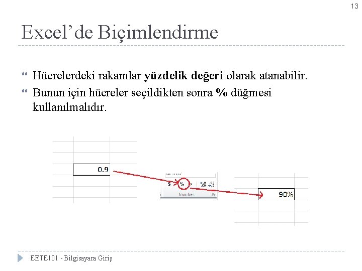 13 Excel’de Biçimlendirme Hücrelerdeki rakamlar yüzdelik değeri olarak atanabilir. Bunun için hücreler seçildikten sonra