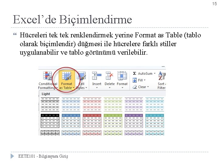 15 Excel’de Biçimlendirme Hücreleri tek renklendirmek yerine Format as Table (tablo olarak biçimlendir) düğmesi