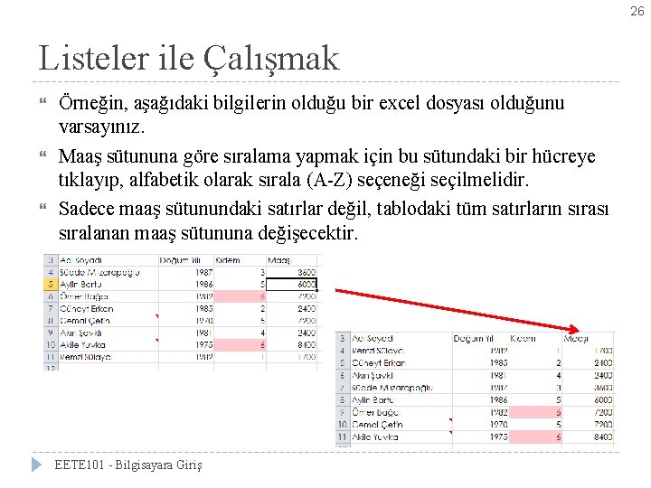 26 Listeler ile Çalışmak Örneğin, aşağıdaki bilgilerin olduğu bir excel dosyası olduğunu varsayınız. Maaş