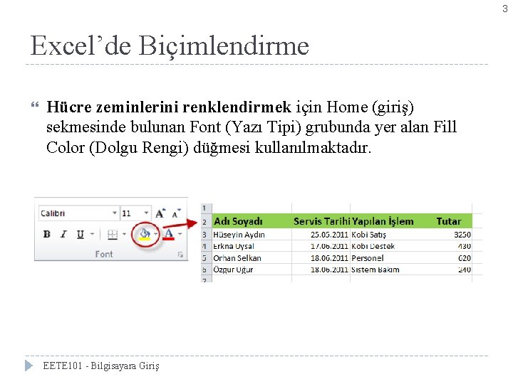 3 Excel’de Biçimlendirme Hücre zeminlerini renklendirmek için Home (giriş) sekmesinde bulunan Font (Yazı Tipi)