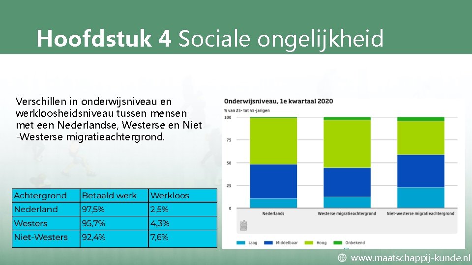 Hoofdstuk 4 Sociale ongelijkheid Verschillen in onderwijsniveau en werkloosheidsniveau tussen mensen met een Nederlandse,