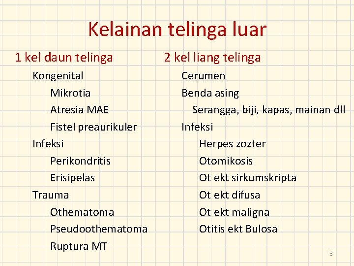 Kelainan telinga luar 1 kel daun telinga Kongenital Mikrotia Atresia MAE Fistel preaurikuler Infeksi