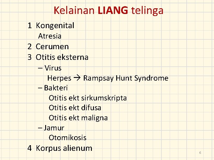 Kelainan LIANG telinga 1 Kongenital Atresia 2 Cerumen 3 Otitis eksterna – Virus Herpes