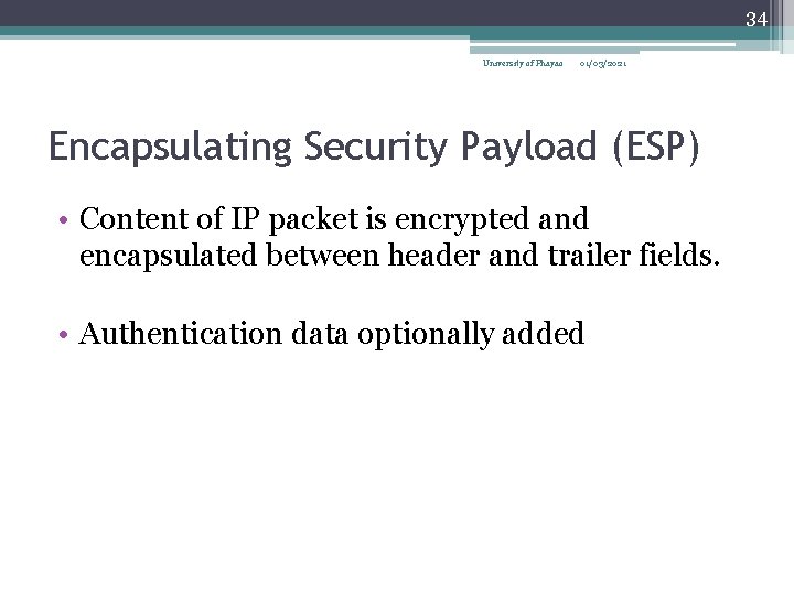 34 University of Phayao 01/03/2021 Encapsulating Security Payload (ESP) • Content of IP packet