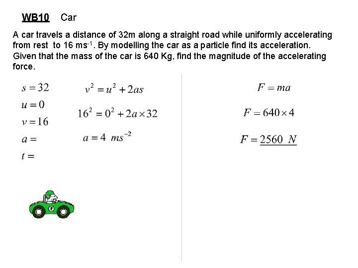 WB 10 Car A car travels a distance of 32 m along a straight