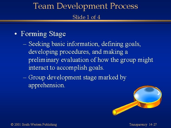 Team Development Process Slide 1 of 4 • Forming Stage – Seeking basic information,