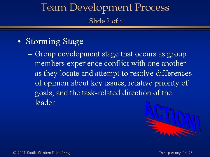 Team Development Process Slide 2 of 4 • Storming Stage – Group development stage