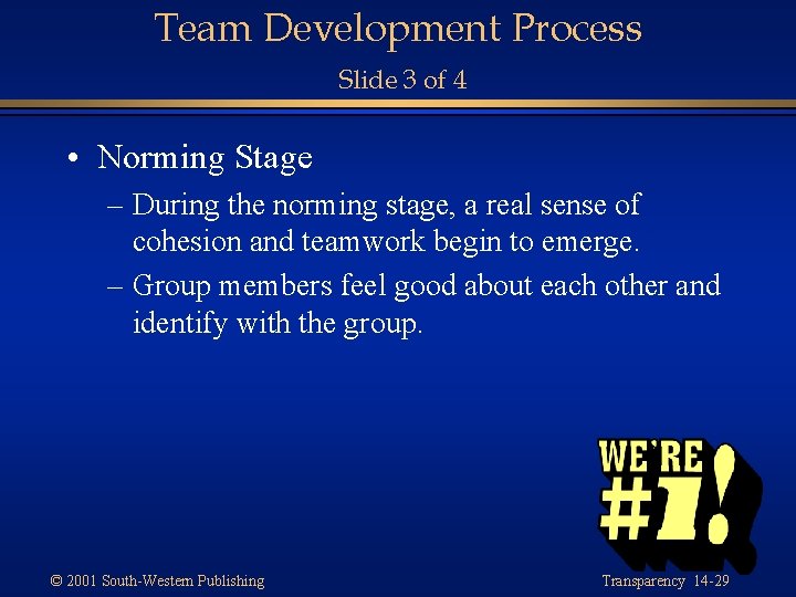 Team Development Process Slide 3 of 4 • Norming Stage – During the norming