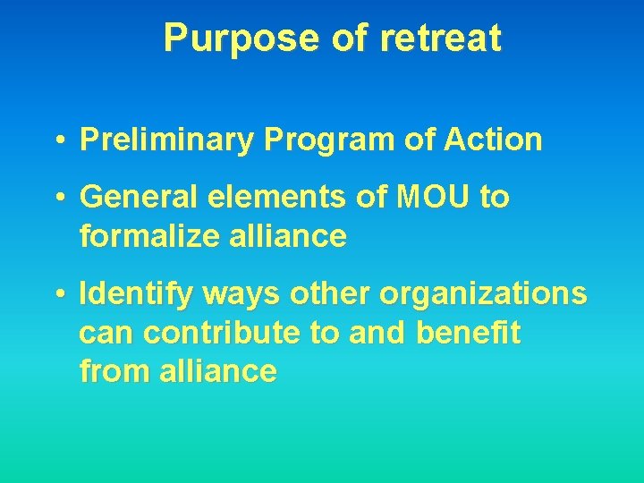 Purpose of retreat • Preliminary Program of Action • General elements of MOU to