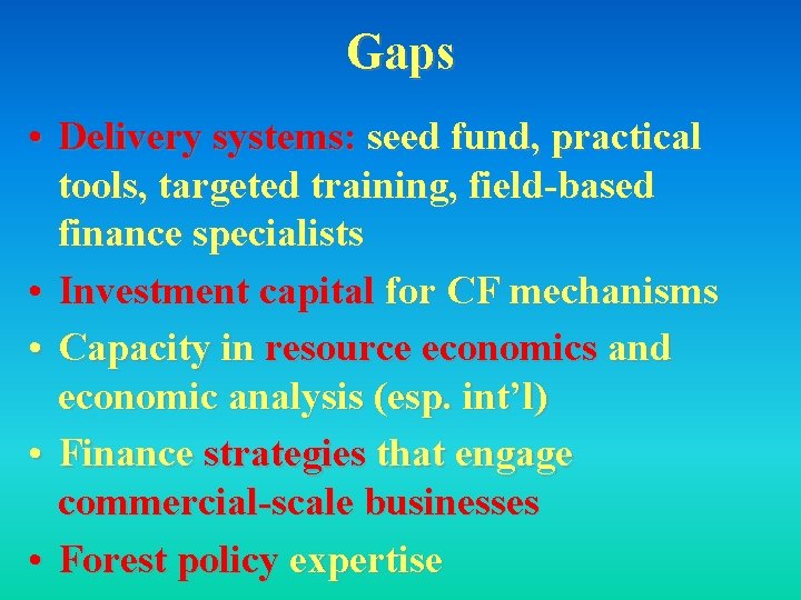 Gaps • Delivery systems: seed fund, practical tools, targeted training, field-based finance specialists •