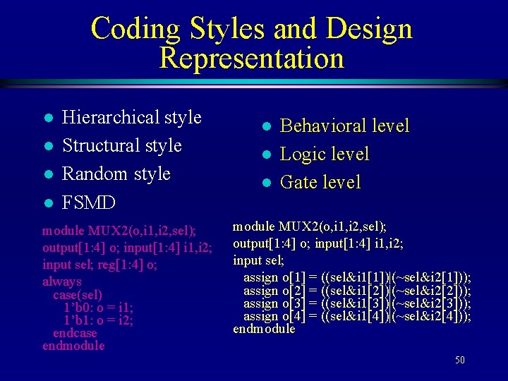 Coding Styles and Design Representation l l Hierarchical style Structural style Random style FSMD